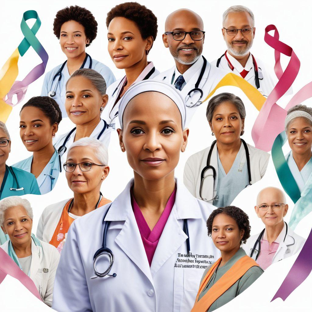 A collage of diverse individuals showing the journey from cancer diagnosis to survivorship, featuring a doctor consulting a patient, a hopeful survivor in a supportive community, vibrant ribbons symbolizing awareness, and peaceful nature elements representing healing. Emphasizing resilience and hope. super-realistic. vibrant colors. white background.