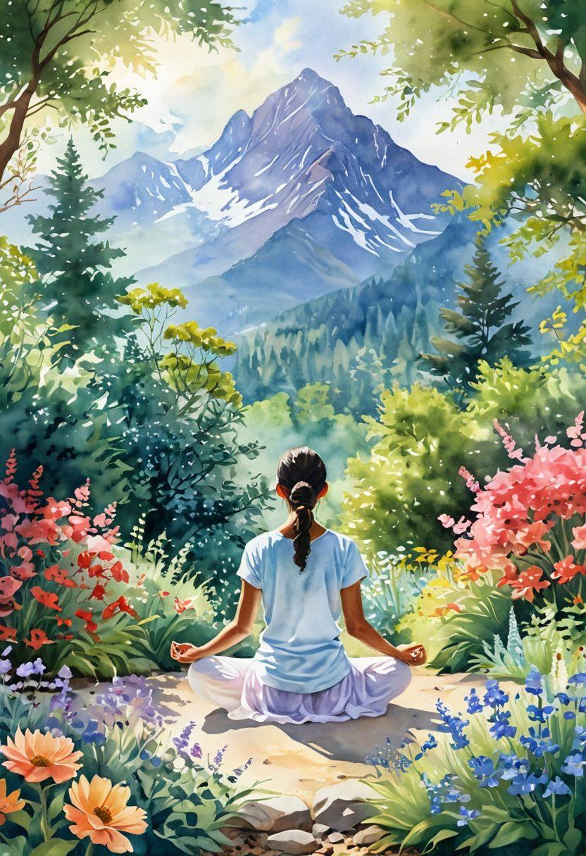 A serene landscape depicting a person meditating in a sunlit garden surrounded by vibrant flowers and greenery, symbolizing peace and healing. In the background, a faint silhouette of a mountain range represents strength and resilience. Soft rays of sunlight filter through the trees, creating a warm, inviting atmosphere. Incorporate symbols of holistic health like crystals and herbal remedies subtly placed around. watercolor painting. soothing colors. nature-inspired.