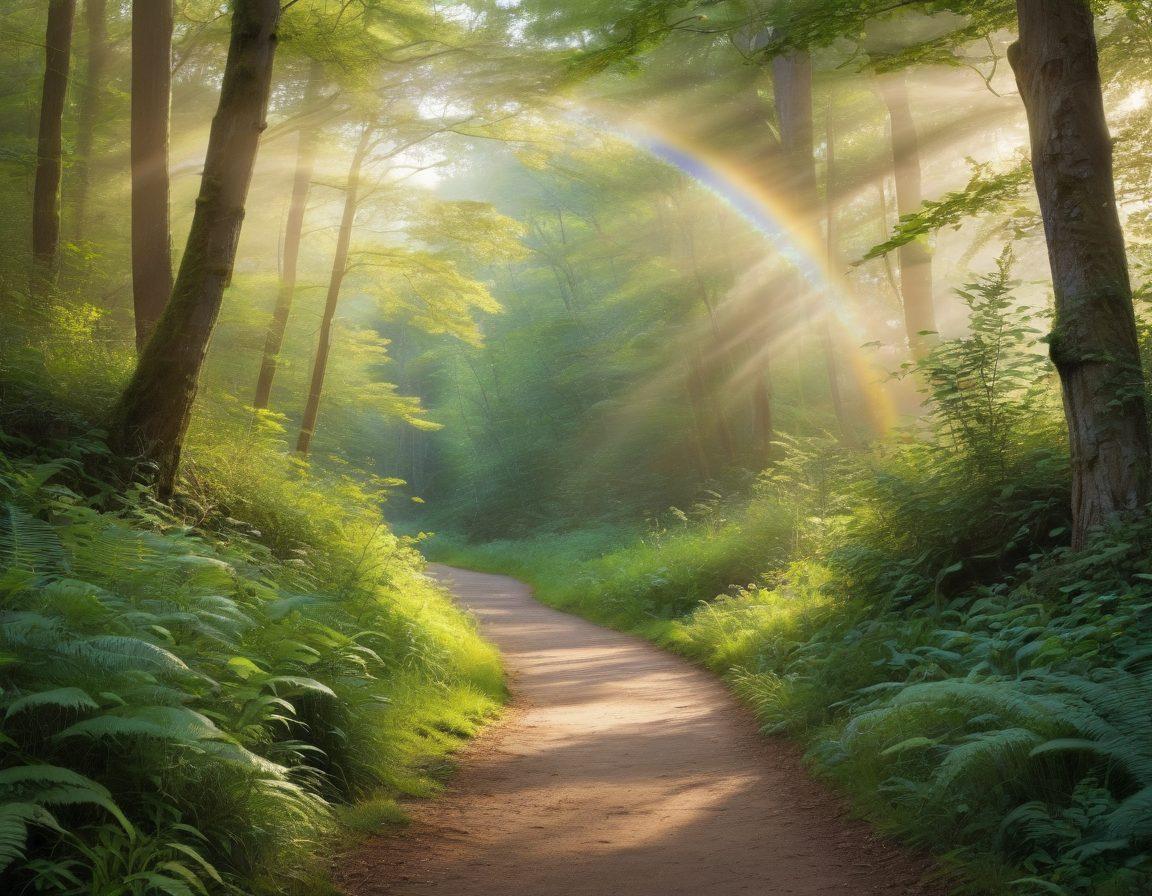 A serene path through a lush green forest symbolizing the cancer journey, with gentle sunlight filtering through the trees. Along the path, guideposts represent treatment options, support resources, and wellness tips. In the distance, a vibrant rainbow appears, symbolizing hope and healing. Include a soft, tranquil ambiance that evokes peace and strength. super-realistic. vibrant colors. natural light.